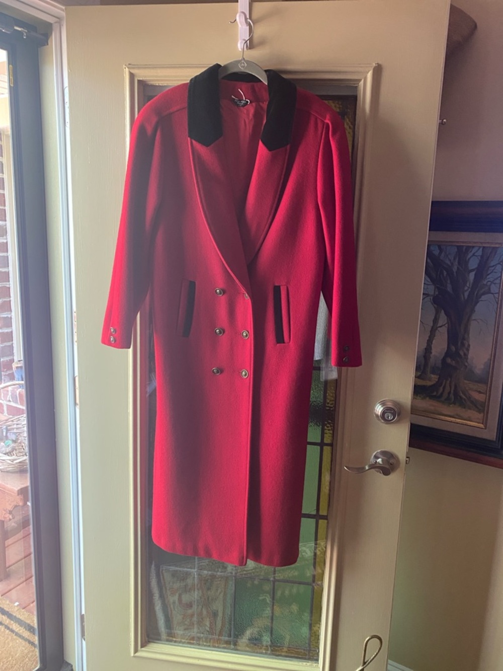 Vintage Red Wool Coat w/ Black Velvet Collar | Lion Button Detail